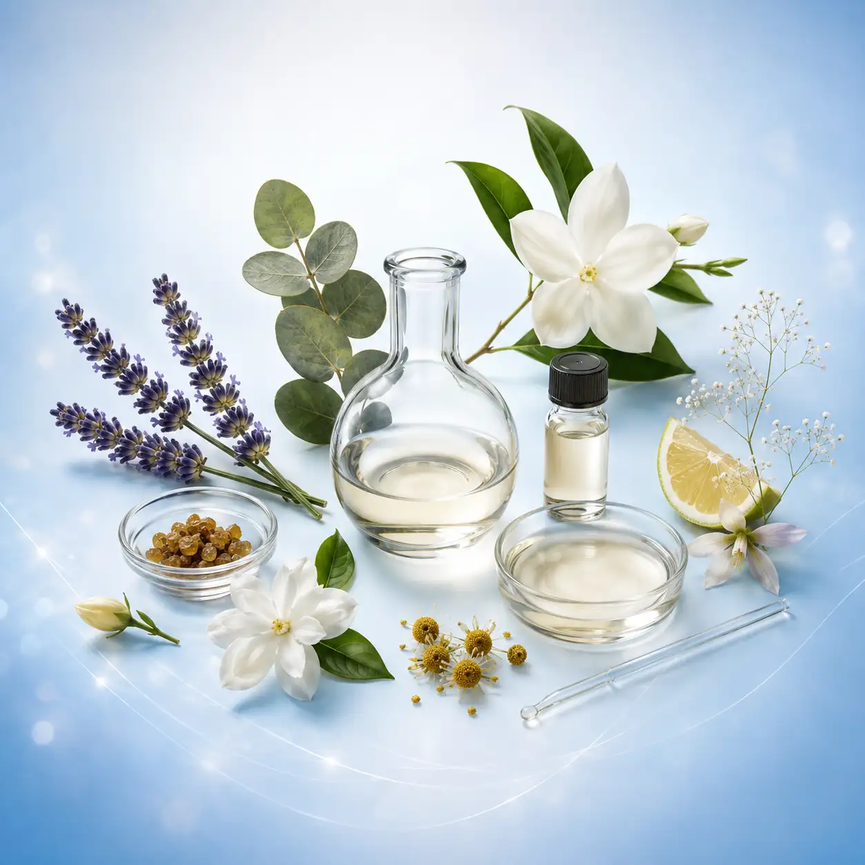 Ingredientes aromáticos premium: lavanda, jazmín, eucalipto, limón y aceites esenciales en frascos de vidrio