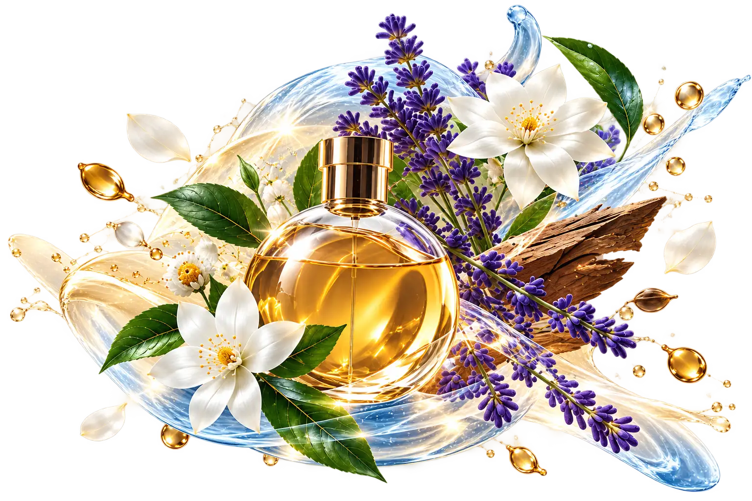 Ingredientes aromáticos premium: lavanda, jazmín, eucalipto, limón y aceites esenciales en frascos de vidrio
